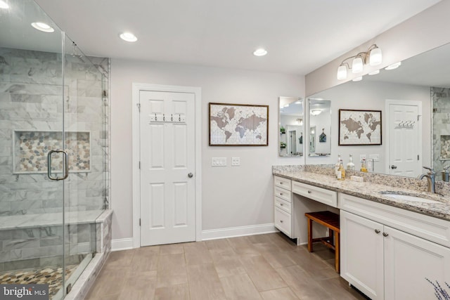 52 Olivia Way, Chesterfield, NJ 08515 - bathroom featuring vanity, a stall shower, baseboards, and recessed lighting