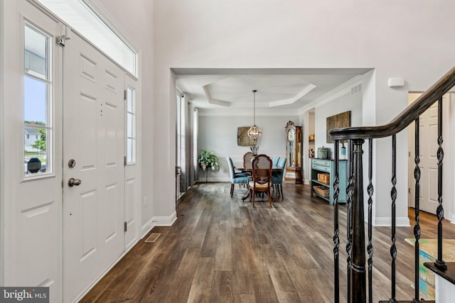 52 Olivia Way, Chesterfield, NJ 08515 - entrance foyer with a raised ceiling, dark wood-style floors, baseboards, crown molding, and stairway