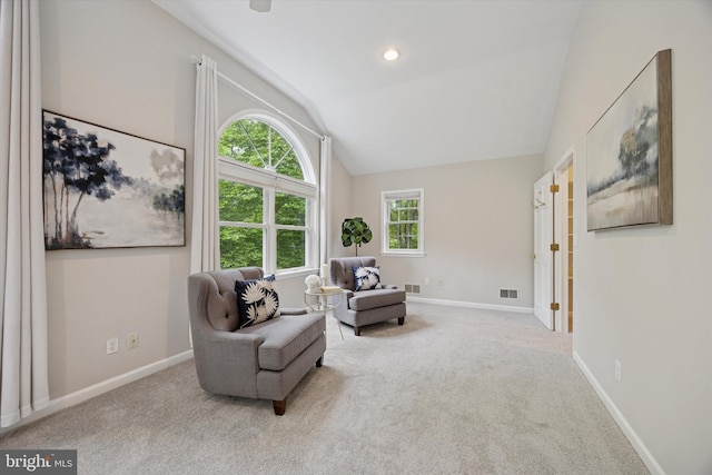 1220 Wendover Rd, Bryn Mawr, PA 19010 - sitting room featuring baseboards, visible vents, carpet, and vaulted ceiling