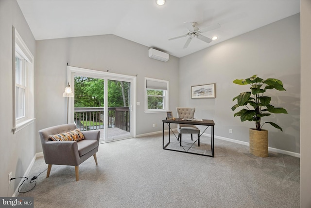 1220 Wendover Rd, Bryn Mawr, PA 19010 - carpeted office with baseboards, a wall mounted air conditioner, ceiling fan, and vaulted ceiling
