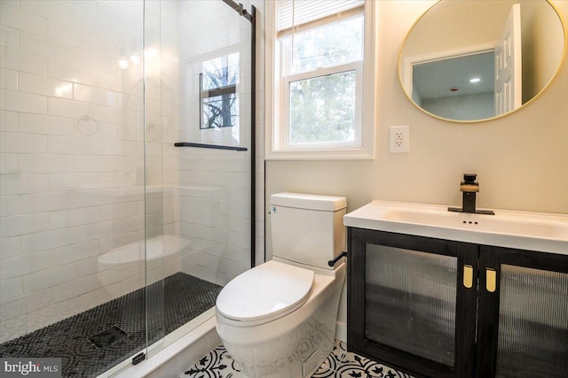 bathroom with vanity, a stall shower, and toilet