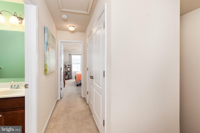 20422 Asheville Dr, Millsboro, DE 19966 - hall with light colored carpet, baseboards, and a sink