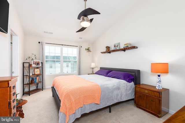 20422 Asheville Dr, Millsboro, DE 19966 - bedroom featuring a ceiling fan, visible vents, baseboards, vaulted ceiling, and light colored carpet