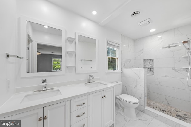 5983 Ridge Spring Cir, Salisbury, MD 21801 - bathroom featuring marble look tiles, toilet, a marble finish shower, double vanity, and recessed lighting