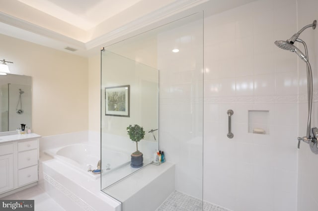 full bath with visible vents, walk in shower, and a garden tub