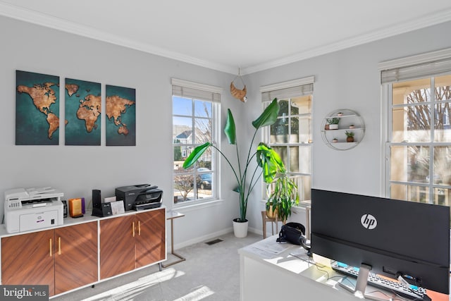 office space featuring visible vents, baseboards, carpet, and ornamental molding