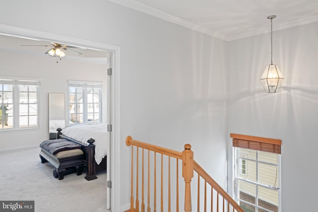 hall with carpet flooring, an upstairs landing, baseboards, and ornamental molding