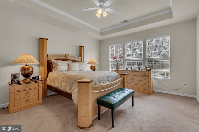 5613 Havenwood Ct, Upper Marlboro, MD 20772 - bedroom with visible vents, crown molding, baseboards, a raised ceiling, and light colored carpet