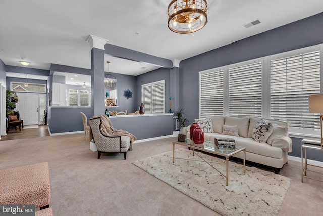 5613 Havenwood Ct, Upper Marlboro, MD 20772 - living area with baseboards, a notable chandelier, visible vents, and carpet floors