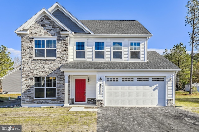 view of front of home featuring aphalt driveway, stone siding, and a shingled roof