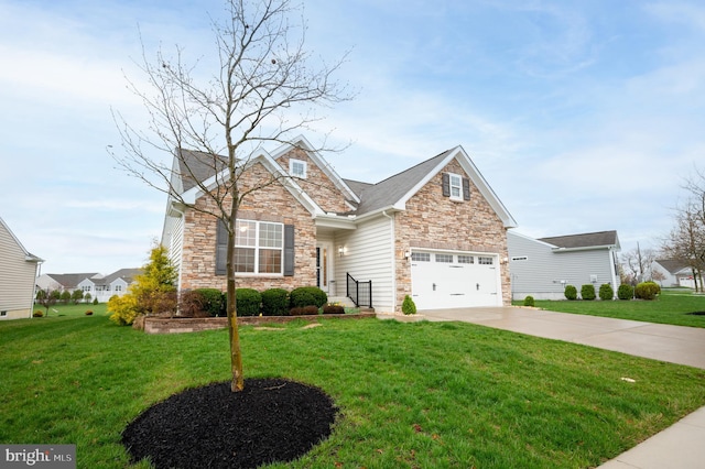 craftsman-style home with a garage, a front yard, driveway, and stone siding