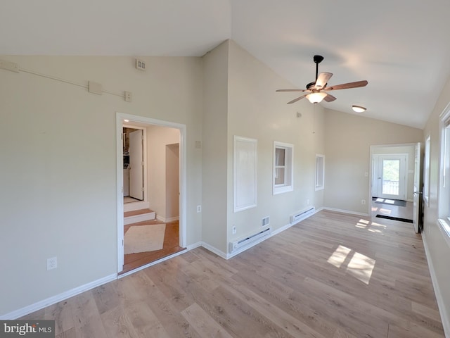 interior space with high vaulted ceiling, ceiling fan, light wood-style floors, and a baseboard radiator