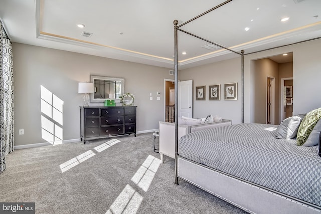 bedroom featuring recessed lighting, visible vents, carpet flooring, and baseboards