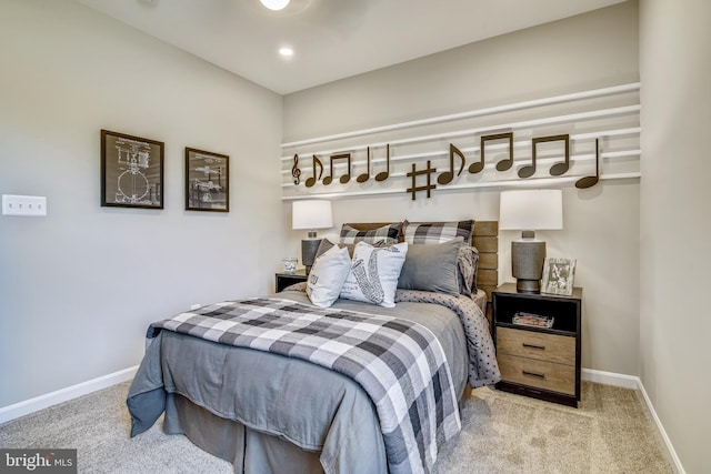 bedroom with carpet flooring, recessed lighting, and baseboards