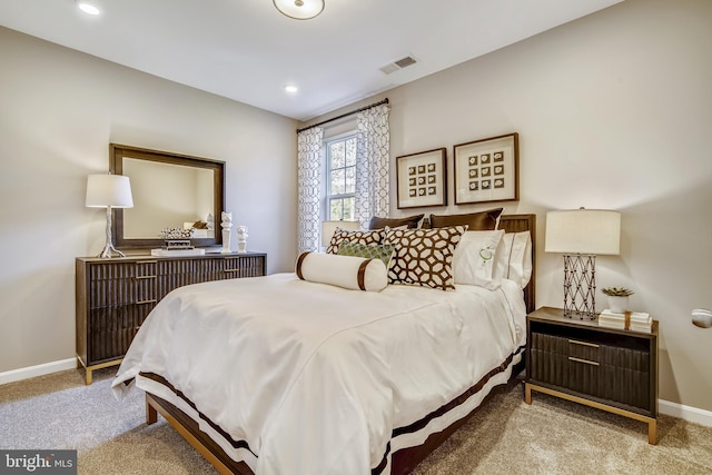 bedroom with visible vents, recessed lighting, baseboards, and carpet floors