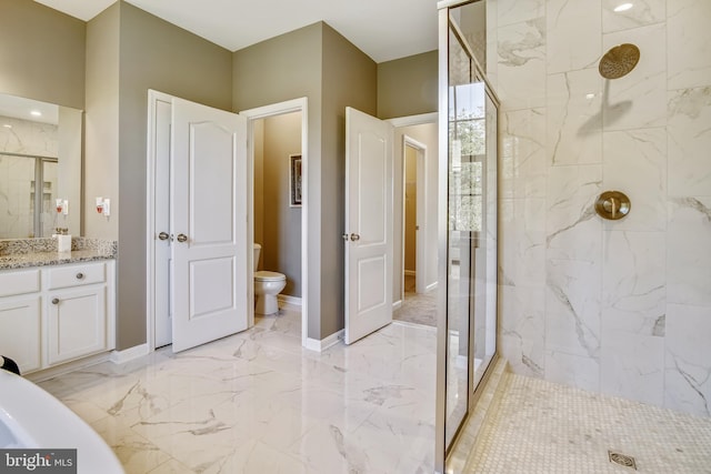 full bath with toilet, marble finish floor, a marble finish shower, baseboards, and vanity