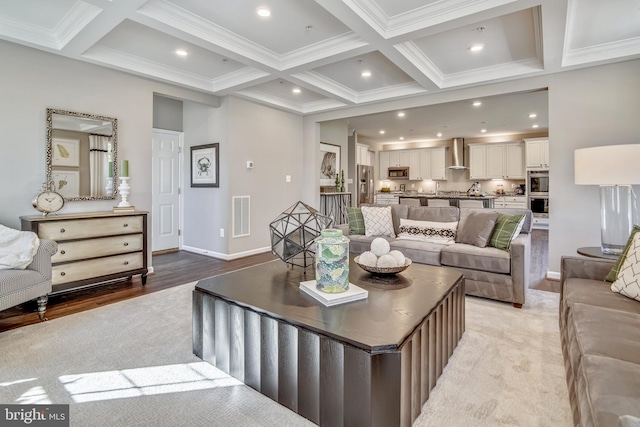 living area with visible vents, baseboards, beamed ceiling, recessed lighting, and coffered ceiling