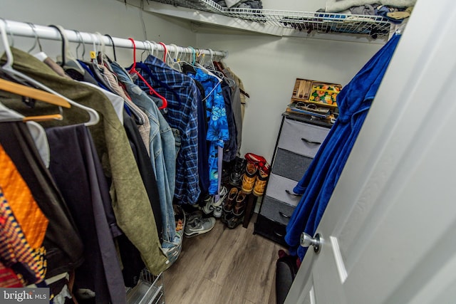 walk in closet with wood finished floors