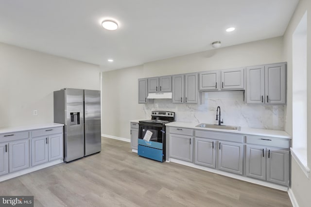475-477 2nd St, Highspire, PA 17034 - kitchen with gray cabinetry, under cabinet range hood, electric range oven, stainless steel fridge, and a sink