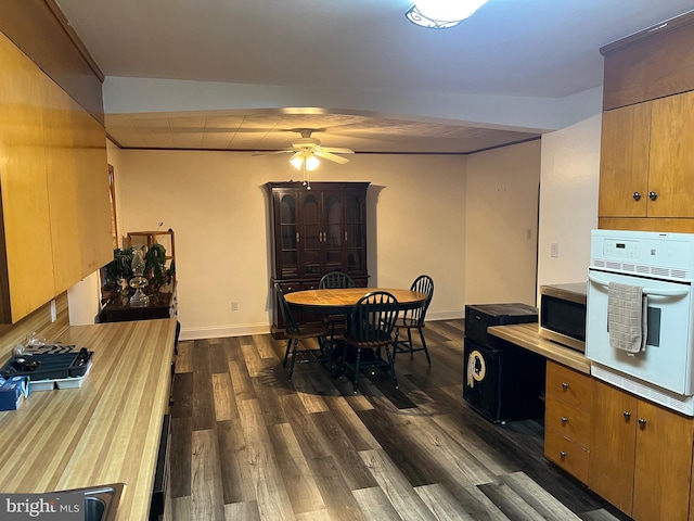 10917 Kemper Dr, Williamsport, MD 21795 - kitchen with white oven, stainless steel microwave, a ceiling fan, and dark wood-style flooring