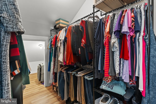 walk in closet with lofted ceiling and wood finished floors