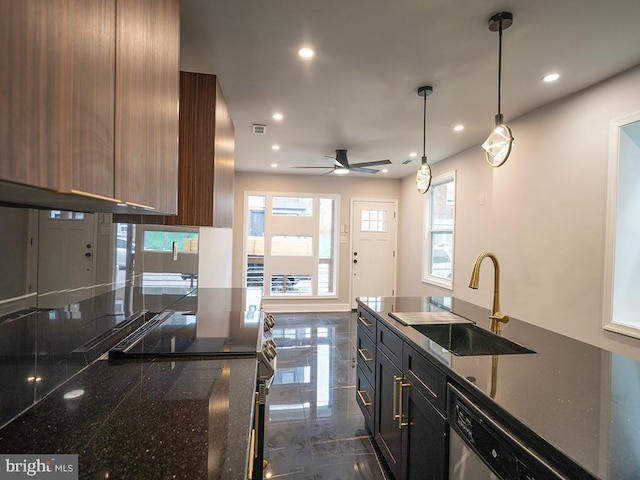 2005 N Lawrence St, Philadelphia, PA 19122 - kitchen with a sink, stainless steel dishwasher, a ceiling fan, recessed lighting, and decorative light fixtures