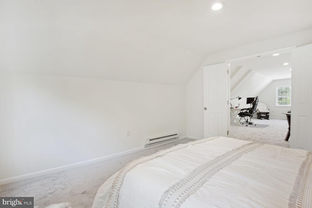 1614 Grace Church Rd, Silver Spring, MD 20910 - carpeted bedroom featuring baseboards, a baseboard heating unit, recessed lighting, and lofted ceiling