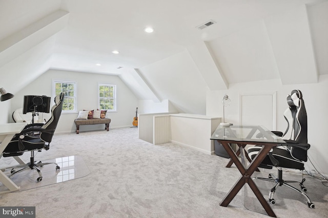 1614 Grace Church Rd, Silver Spring, MD 20910 - office with visible vents, baseboards, lofted ceiling, carpet flooring, and recessed lighting