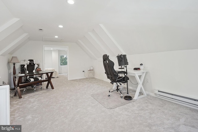 1614 Grace Church Rd, Silver Spring, MD 20910 - carpeted office space with recessed lighting, baseboard heating, vaulted ceiling, and visible vents