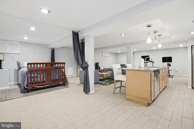1614 Grace Church Rd, Silver Spring, MD 20910 - interior space with stainless steel dishwasher, baseboards, open floor plan, recessed lighting, and light wood finished floors
