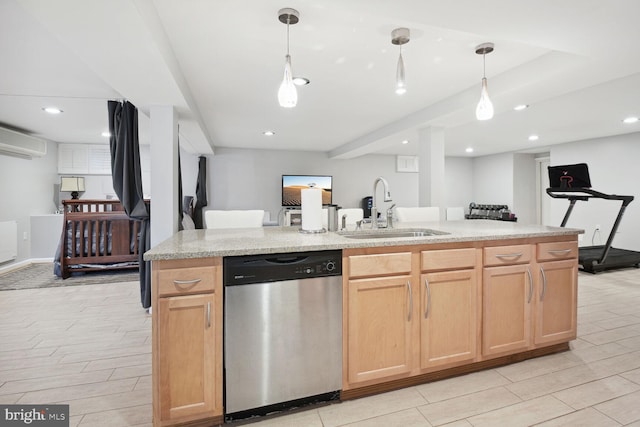 1614 Grace Church Rd, Silver Spring, MD 20910 - kitchen with a wall unit AC, pendant lighting, stainless steel dishwasher, a sink, and recessed lighting
