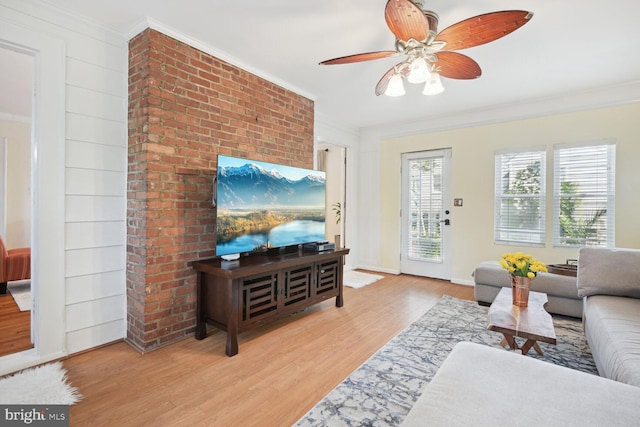 1614 Grace Church Rd, Silver Spring, MD 20910 - living room featuring crown molding, a ceiling fan, baseboards, and wood finished floors