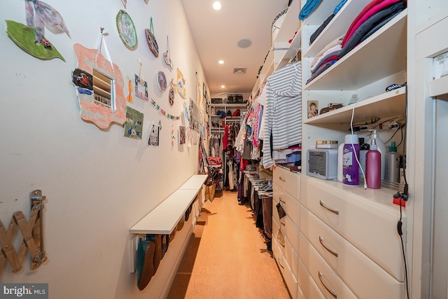 spacious closet with visible vents and light colored carpet