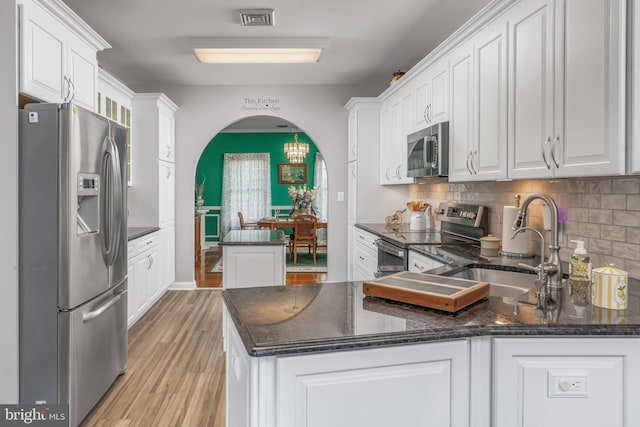 180 Featherbed Ln, Pilesgrove, NJ 08098 - kitchen featuring white cabinets, arched walkways, appliances with stainless steel finishes, and visible vents