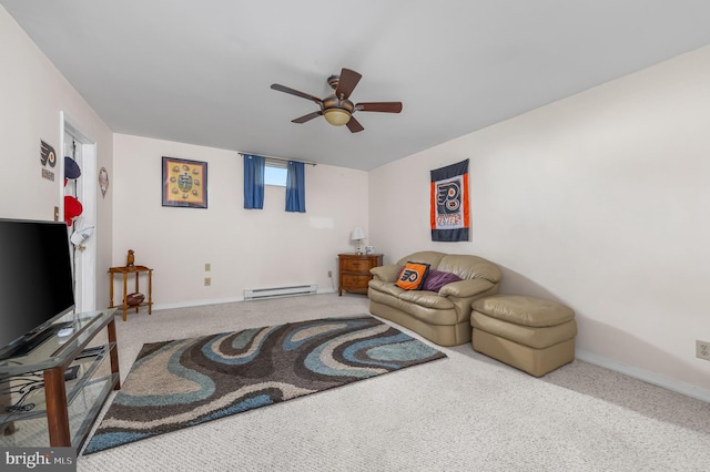 180 Featherbed Ln, Pilesgrove, NJ 08098 - living area featuring carpet floors, a baseboard radiator, baseboards, and a ceiling fan