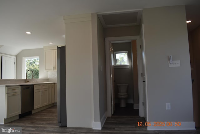 31 Riverview Ave, Chesapeake City, MD 21915 - kitchen featuring dishwasher, dark wood-style floors, freestanding refrigerator, light countertops, and recessed lighting