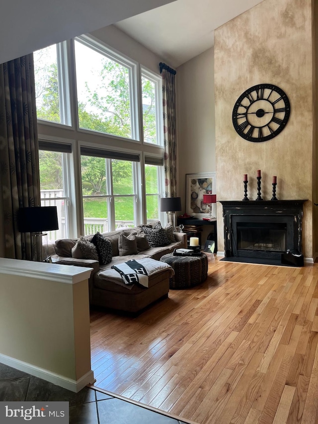 1388 Old Barn Cir, Downingtown, PA 19335 - living area with hardwood / wood-style flooring, a fireplace with flush hearth, and a high ceiling