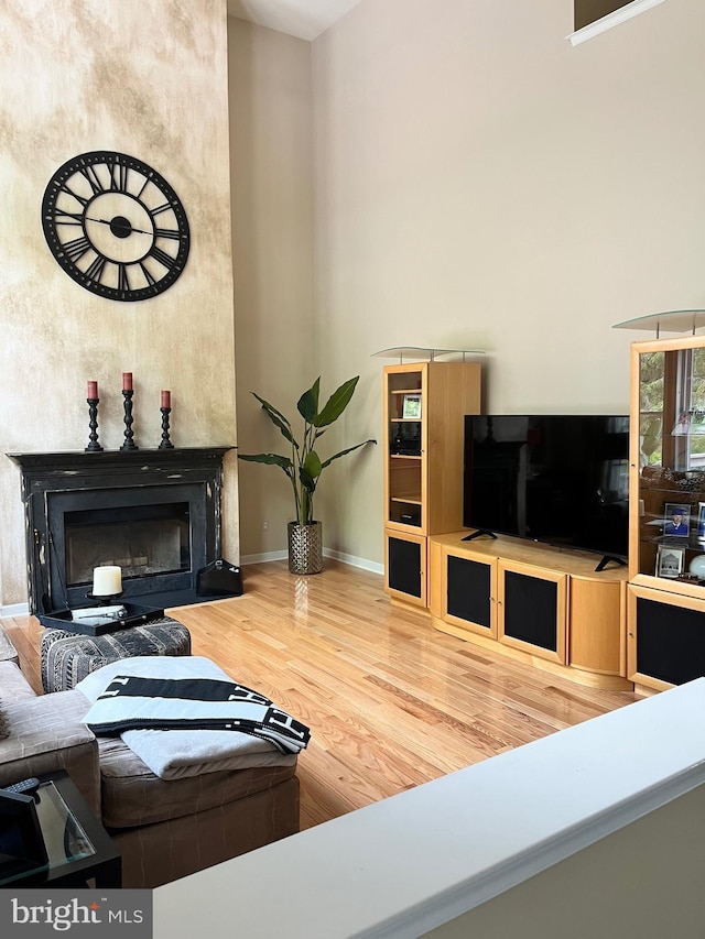 1388 Old Barn Cir, Downingtown, PA 19335 - living area with wood finished floors, a fireplace, baseboards, and a towering ceiling