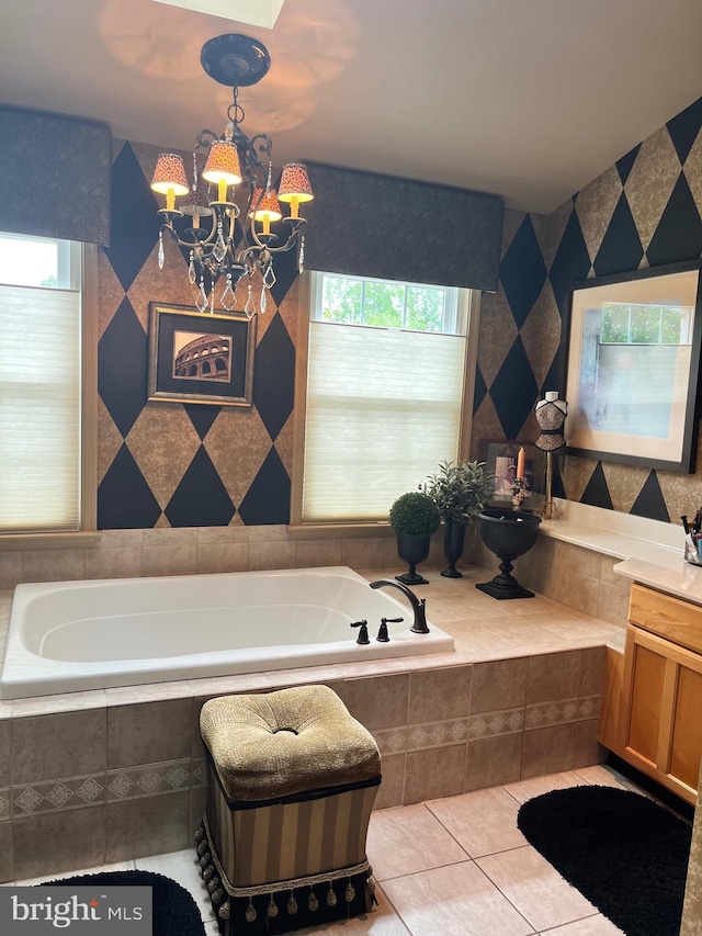1388 Old Barn Cir, Downingtown, PA 19335 - bathroom with a chandelier, tile patterned flooring, a bath, and vanity