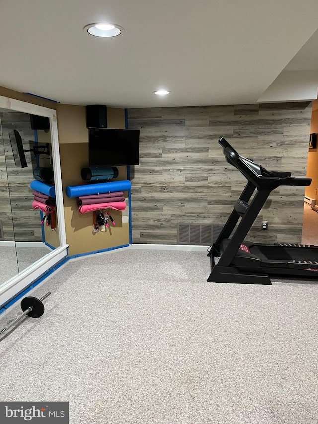 1388 Old Barn Cir, Downingtown, PA 19335 - exercise area with wooden walls, carpet floors, and recessed lighting