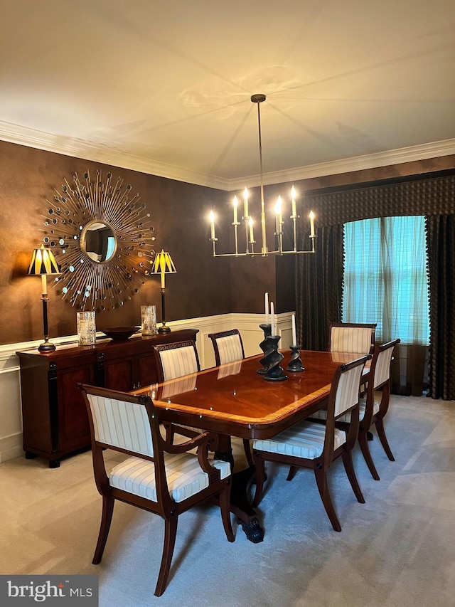 1388 Old Barn Cir, Downingtown, PA 19335 - dining space featuring light carpet, crown molding, a wainscoted wall, a chandelier, and a decorative wall