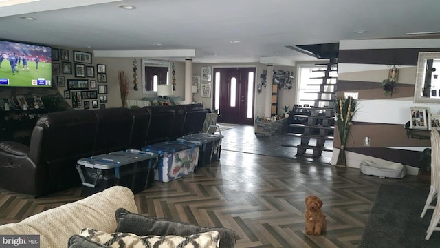 living room with recessed lighting