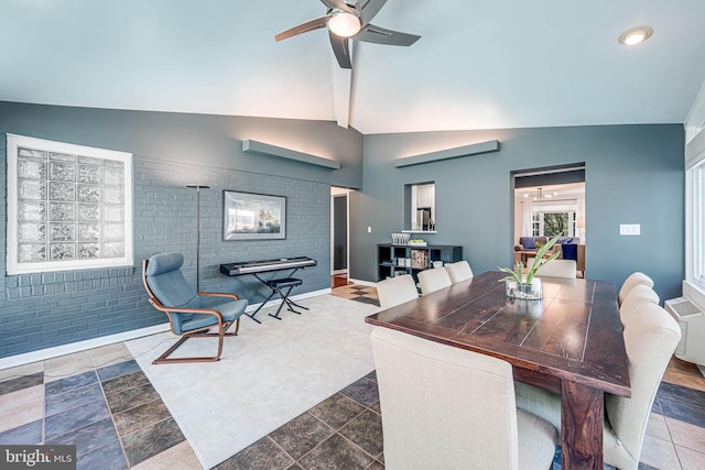 7306 Wayne Dr, Annandale, VA 22003 - dining space featuring baseboards, stone finish flooring, ceiling fan, and lofted ceiling