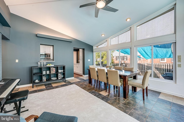 7306 Wayne Dr, Annandale, VA 22003 - dining room featuring high vaulted ceiling, ceiling fan, baseboards, and recessed lighting