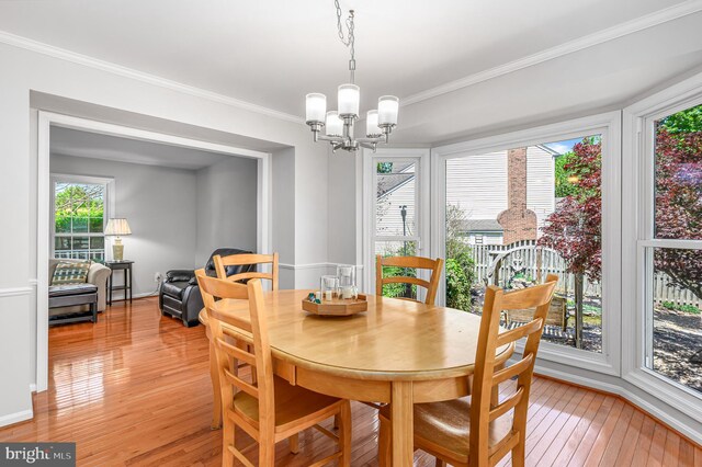 dining room with light wood-style flooring, a notable chandelier, and a healthy amount of sunlight