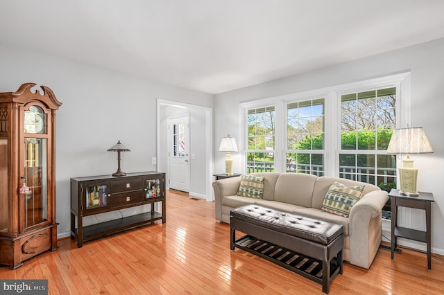 living area featuring baseboards and hardwood / wood-style flooring