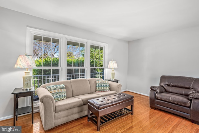 living area with baseboards, wood finished floors, and a healthy amount of sunlight