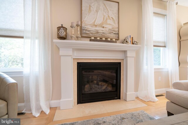 room details with a fireplace with flush hearth and baseboards