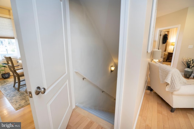 stairway featuring hardwood / wood-style flooring