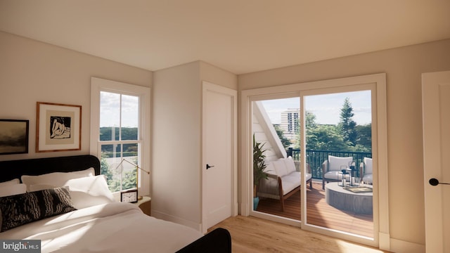 bedroom with access to exterior, multiple windows, and light wood-style floors